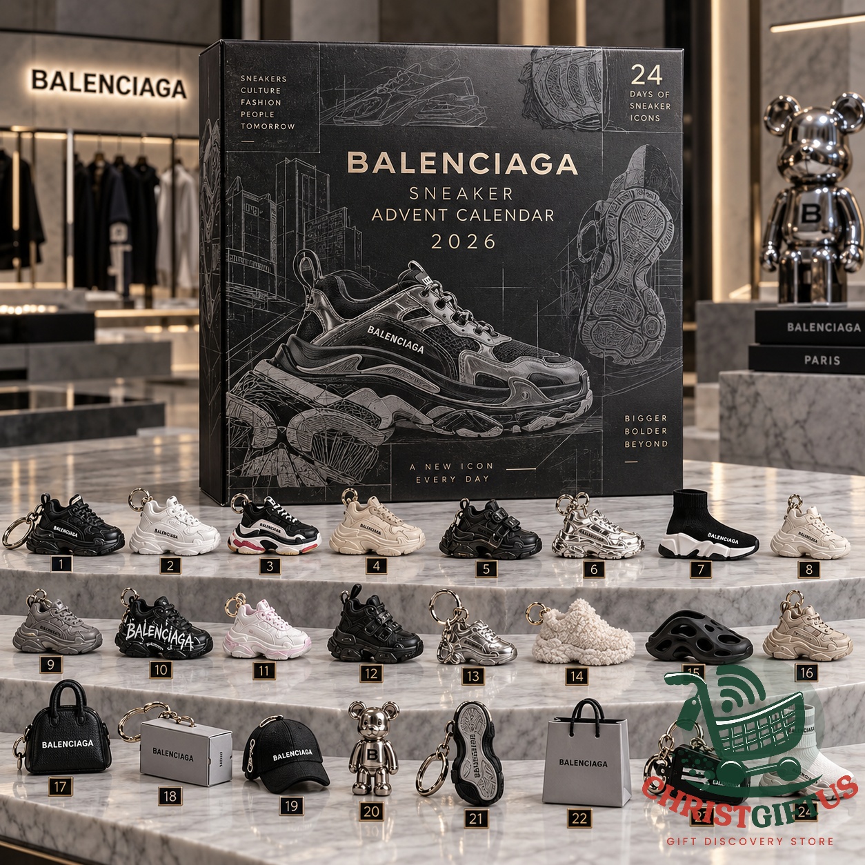 Balenciaga 2026 Sneaker Advent Calendar - front box with numbered miniature sneaker charms