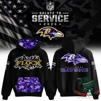 Baltimore Ravens 2026 Salute to Service Hoodie - front and back views displayed together