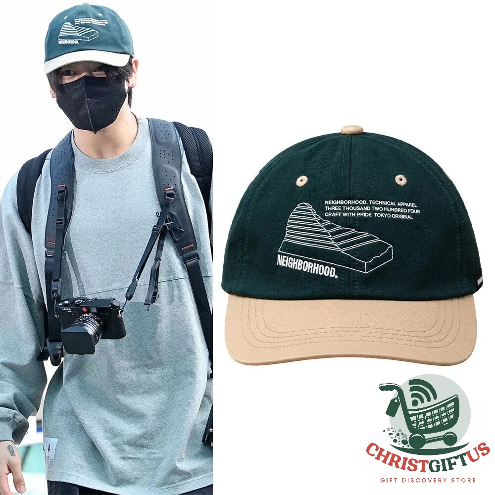 BTS Jungkook NEIGHBORHOOD Cap - front product view beside modeled display