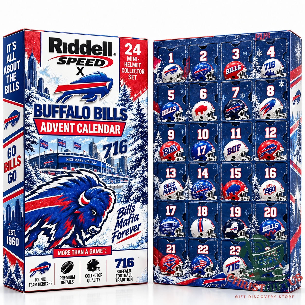 Buffalo Bills 24 Mini-Helmet 2026 Advent Calendar - close-up of varied mini helmet designs