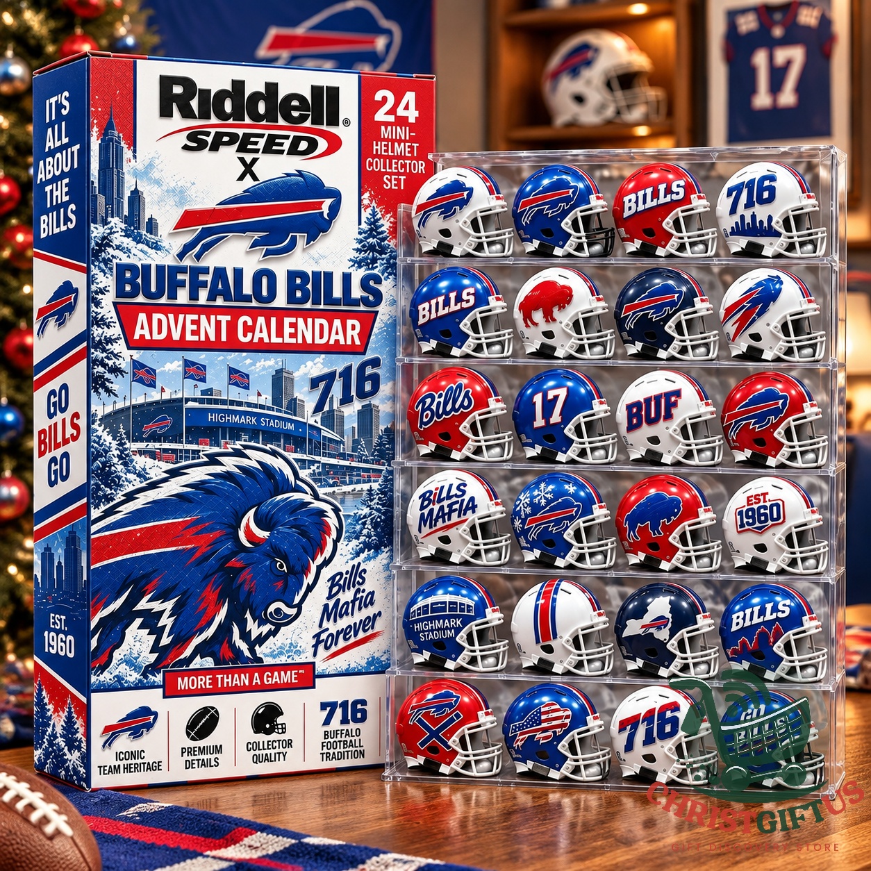 Buffalo Bills 24 Mini-Helmet 2026 Advent Calendar - front display with all helmets