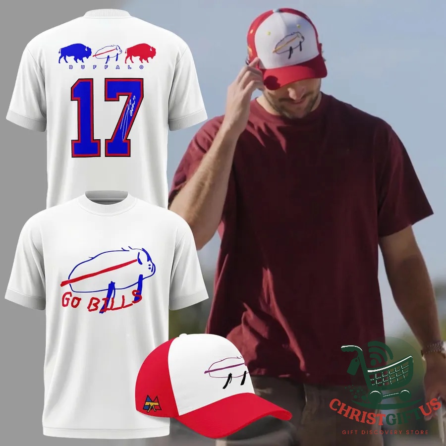 Buffalo Bills Josh Allen Charging Potato Drawing T-Shirt - front and back views with matching cap