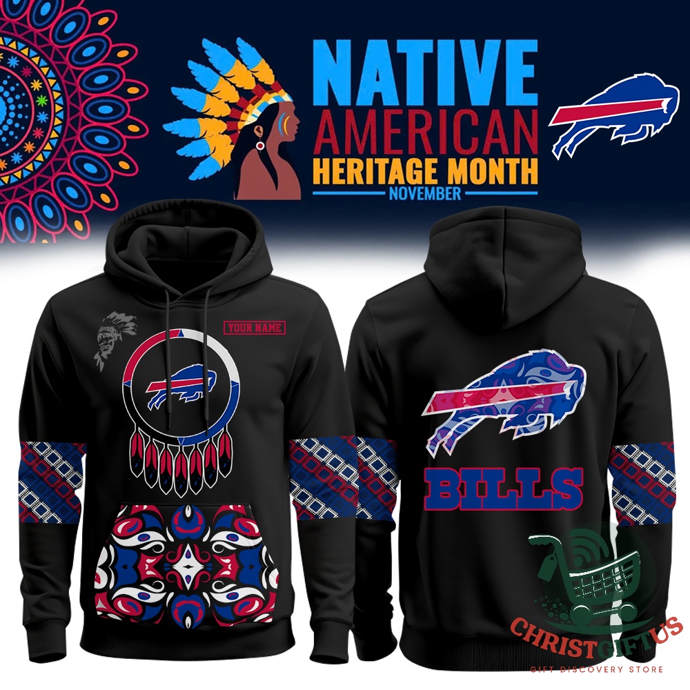 Buffalo Bills Native American Heritage Month 2026 Hoodie - front and back views with heritage graphics