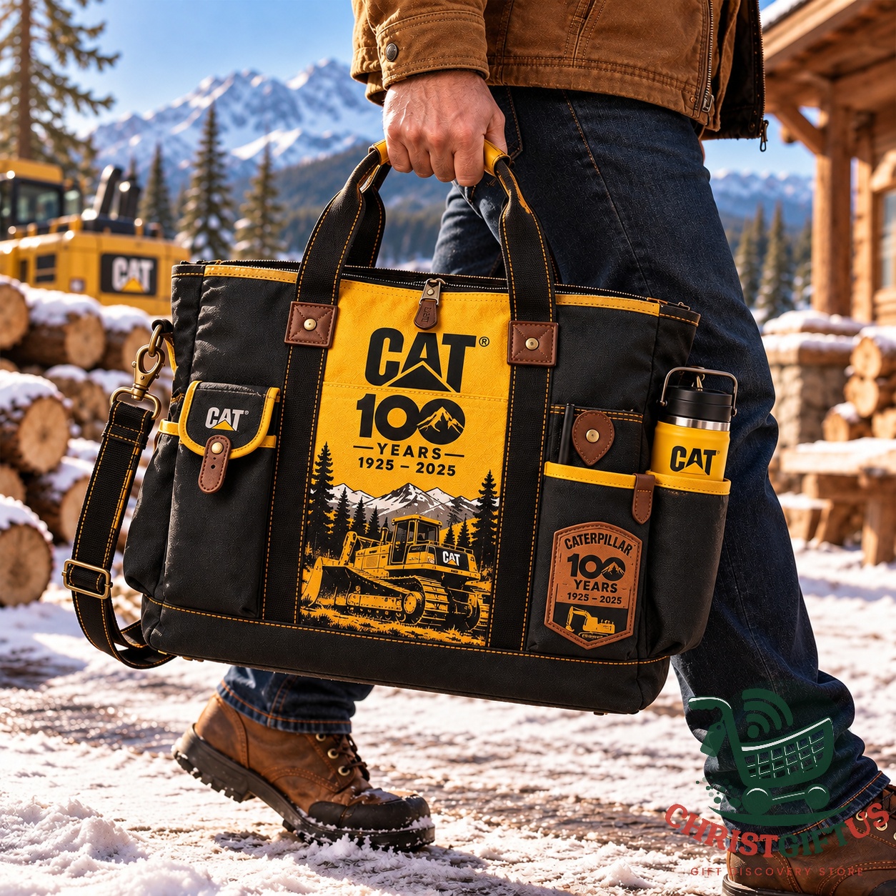 Caterpillar 100th Anniversary Tote Bag - front view with bulldozer anniversary graphic