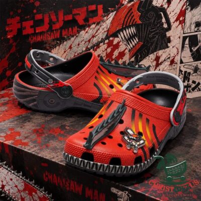 Chainsaw Man x Crocs Shoes 2026 - front and side views with chainsaw detailing