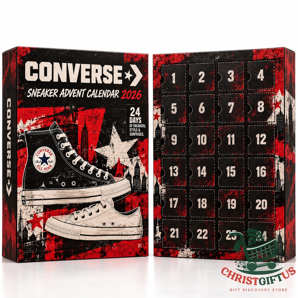 Converse Sneaker 2026 Advent Calendar - close-up of Converse logo and red graphic panels