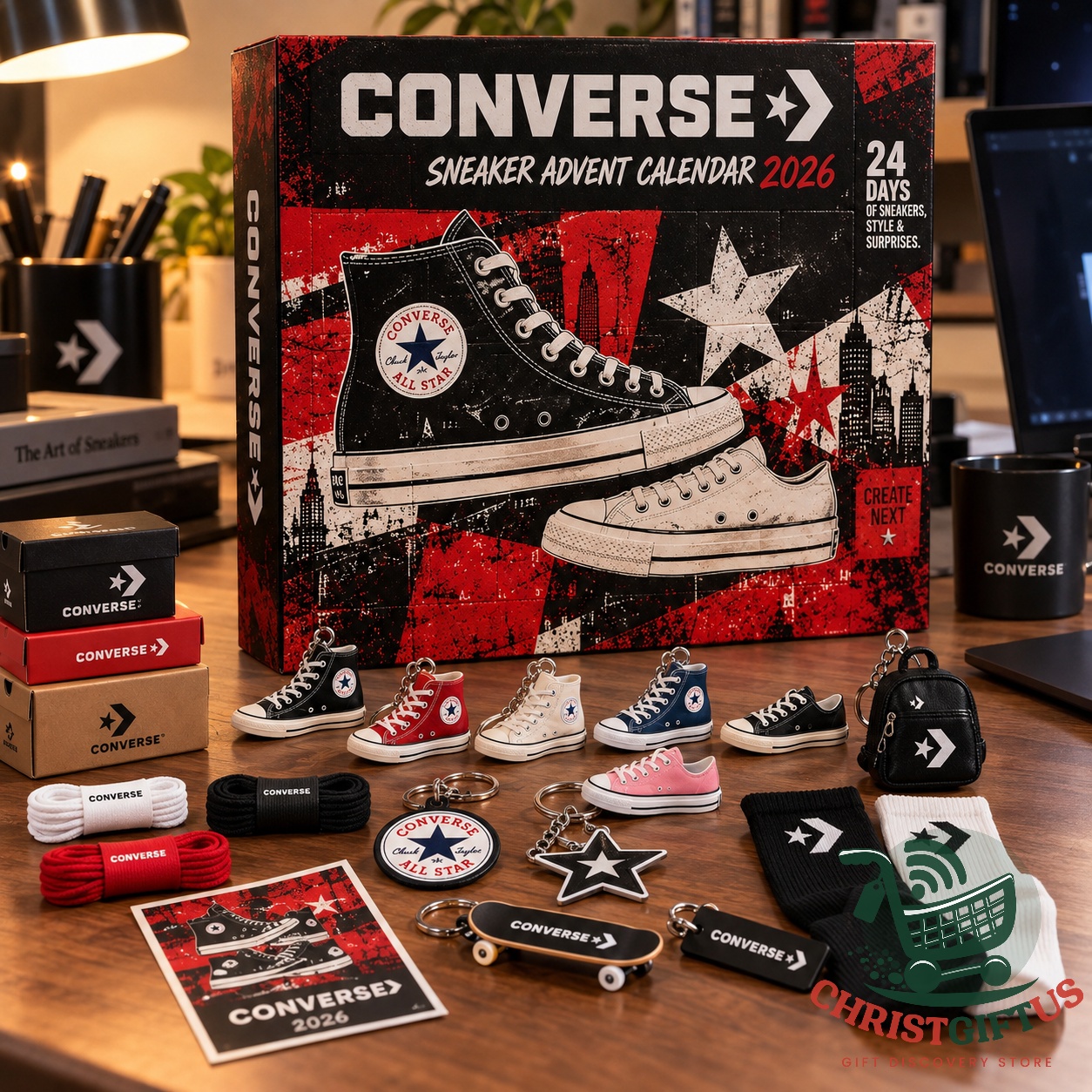 Converse Sneaker 2026 Advent Calendar – Detailed view of sneaker artwork Converse Sneaker 2026 Advent Calendar - detailed view of sneaker artwork and advent packaging