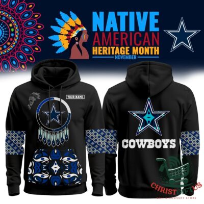 Dallas Cowboys Native American Heritage Month Hoodie - front and back views with star graphics