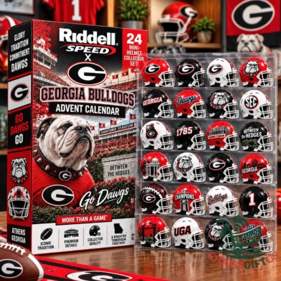 Georgia Bulldogs 24 Mini-Helmet 2026 Advent Calendar - front view showing box and 24 mini helmets