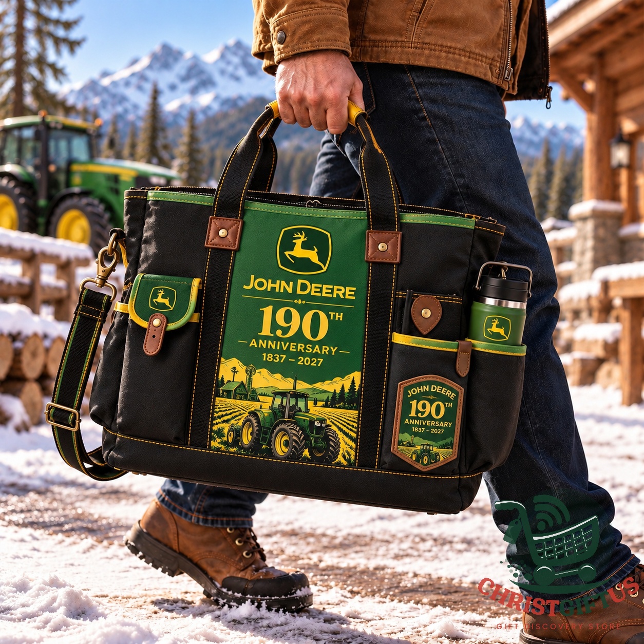 John Deere 190th Anniversary Tote Bag - front view showing tractor artwork and multiple pockets