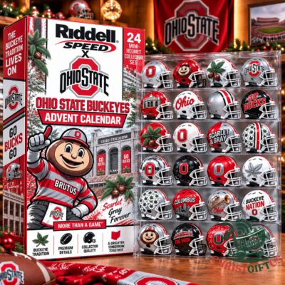 Ohio State Buckeyes 24 Mini-Helmet 2026 Advent Calendar - front view with display case