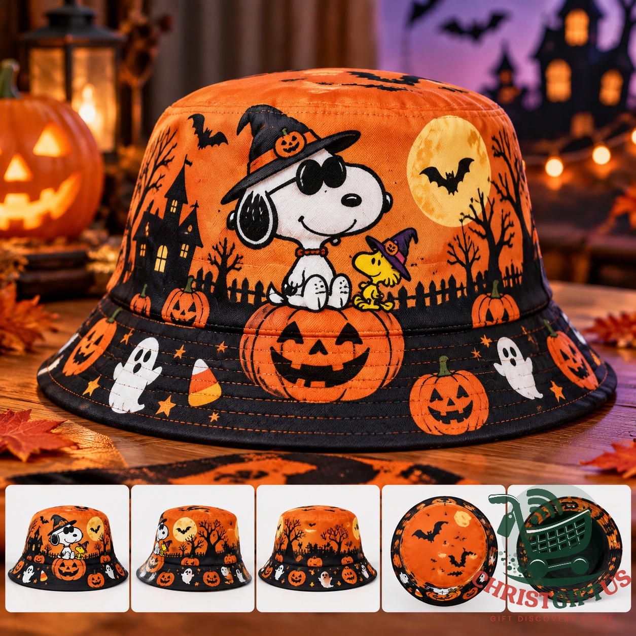 Snoopy Halloween 2026 Pumpkin Bucket Hat - front and top views displayed