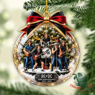 AC/DC 53rd Anniversary 2026 Globe Ornament - front view showing band scene and decorative bow