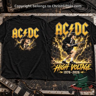 AC/DC High Voltage 1976-2026 T-shirt in black, front and back, on a road case