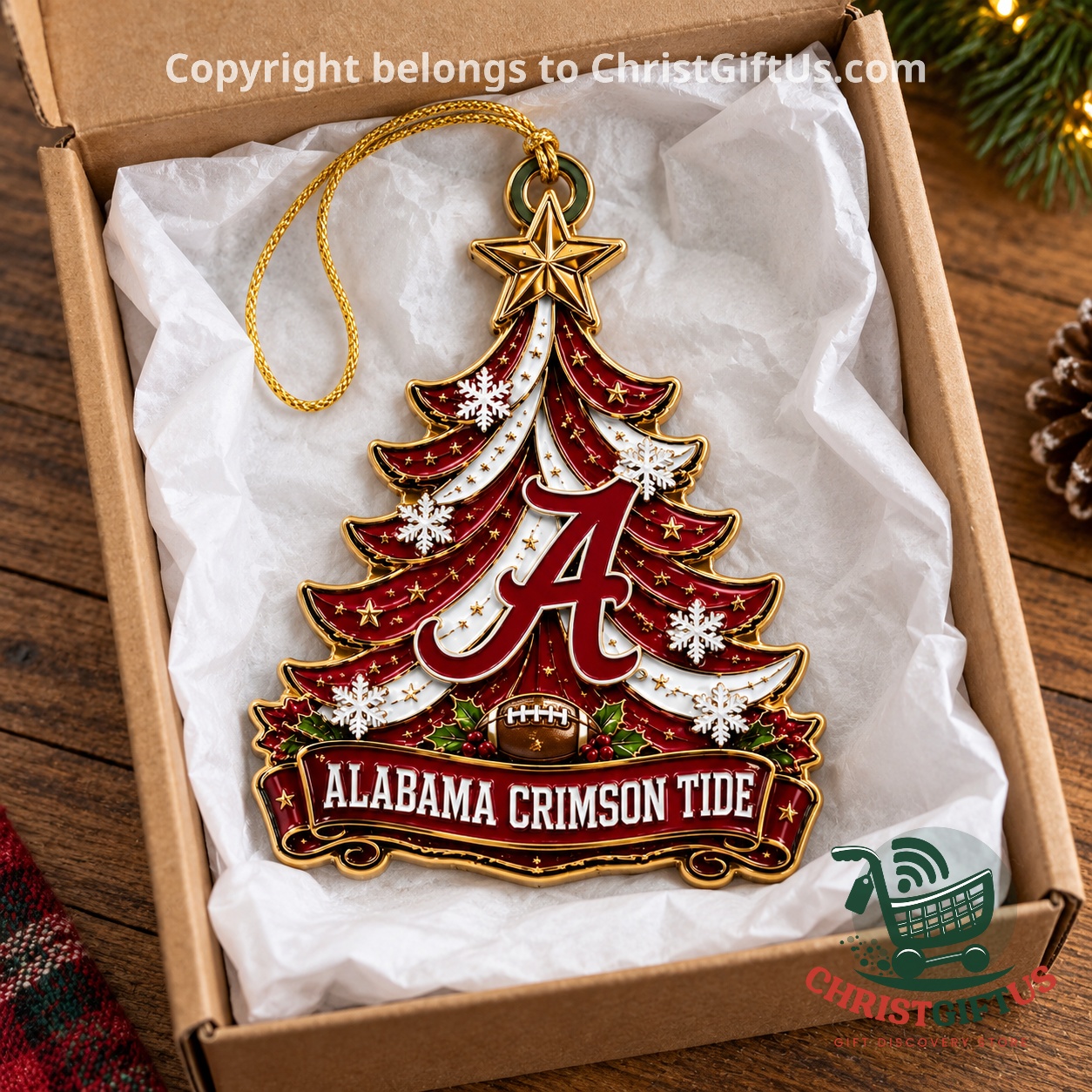 Alabama Crimson Tide ornament in a gift box with tissue paper
