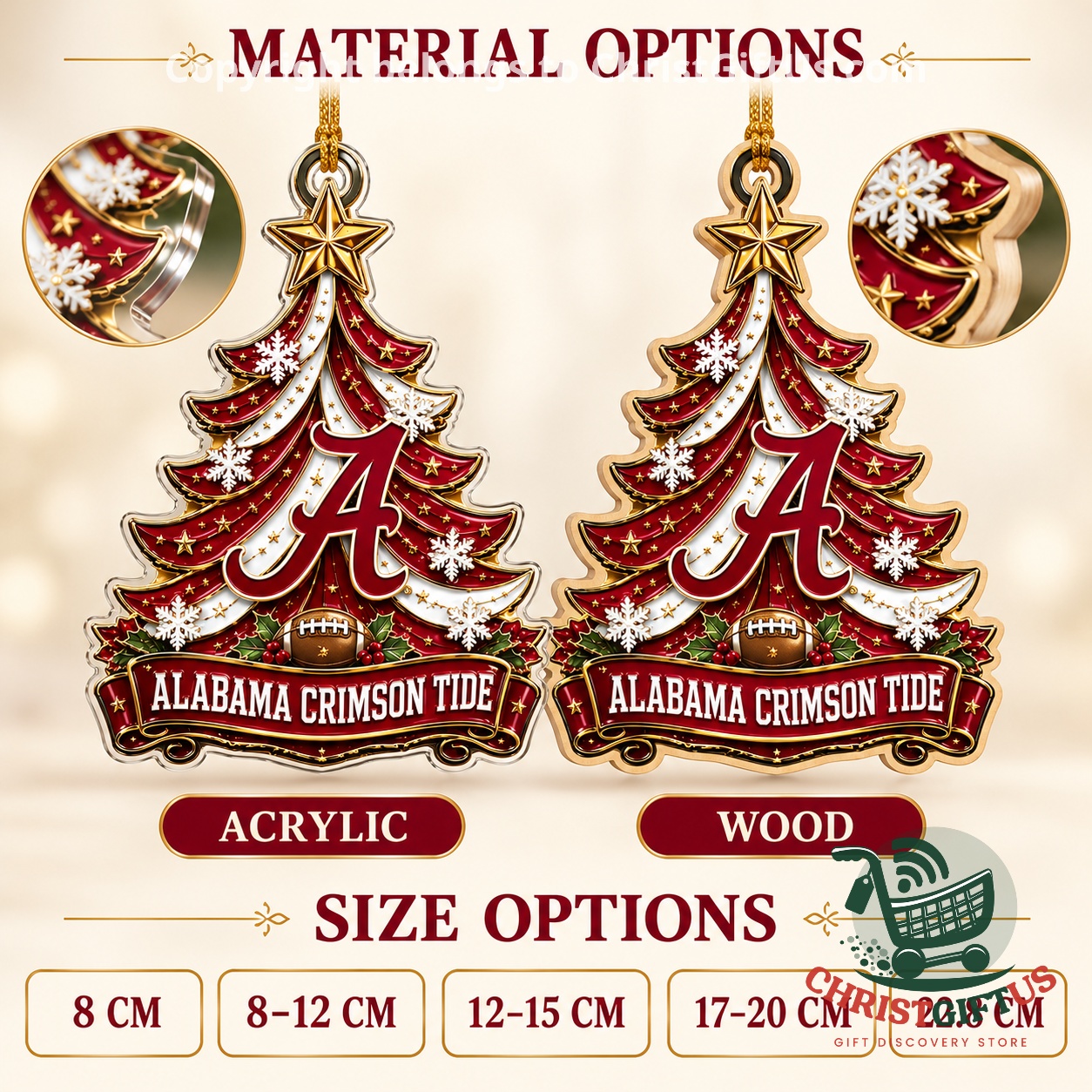 Alabama Crimson Tide NCAA 2026 Christmas Ornament – Photo 4 Alabama Crimson Tide ornament material and size options