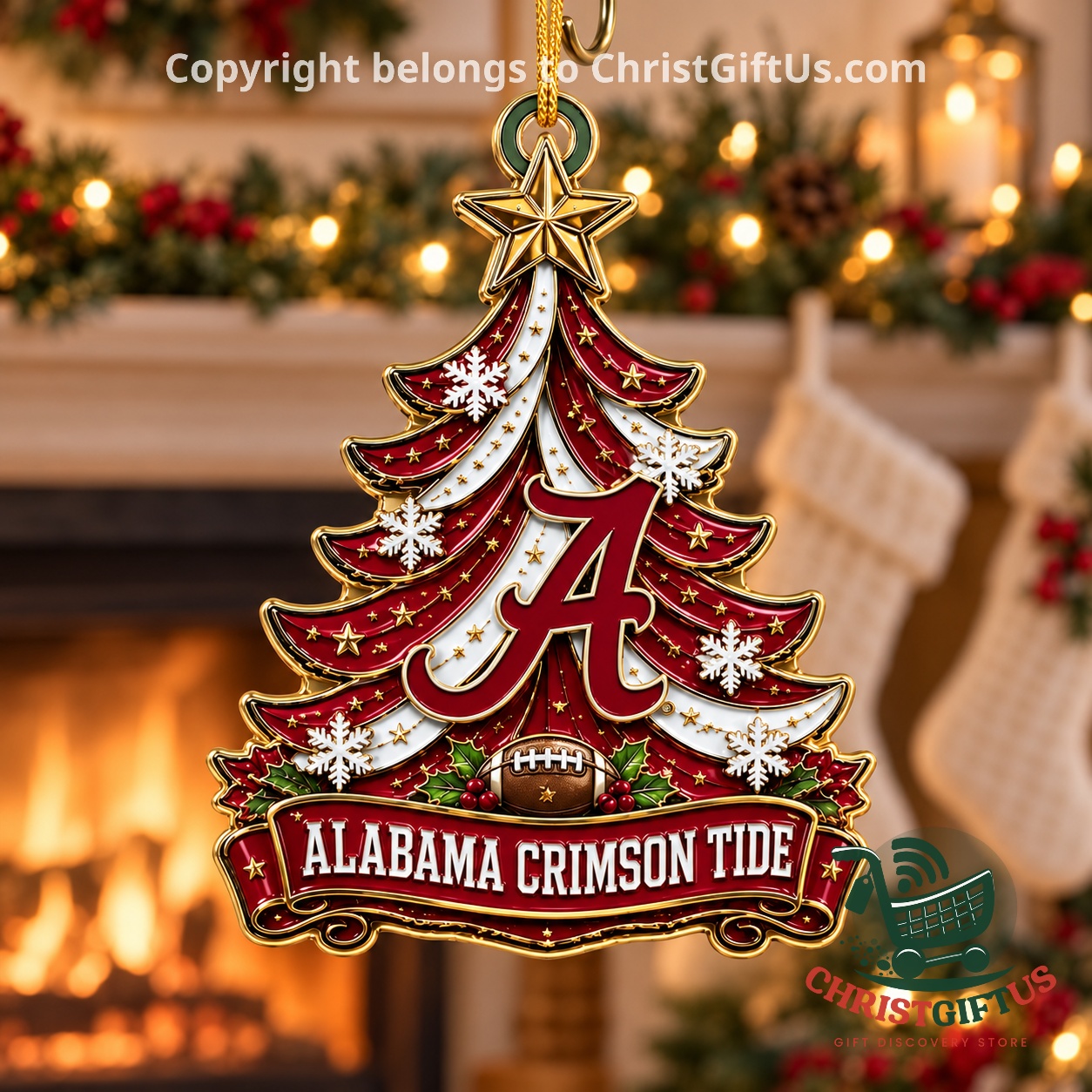 Alabama Crimson Tide Christmas tree ornament hanging by a fireplace