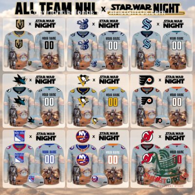 All NHL Teams x Star Wars Night 2026 Hockey Jersey - team jersey and matching cap collage