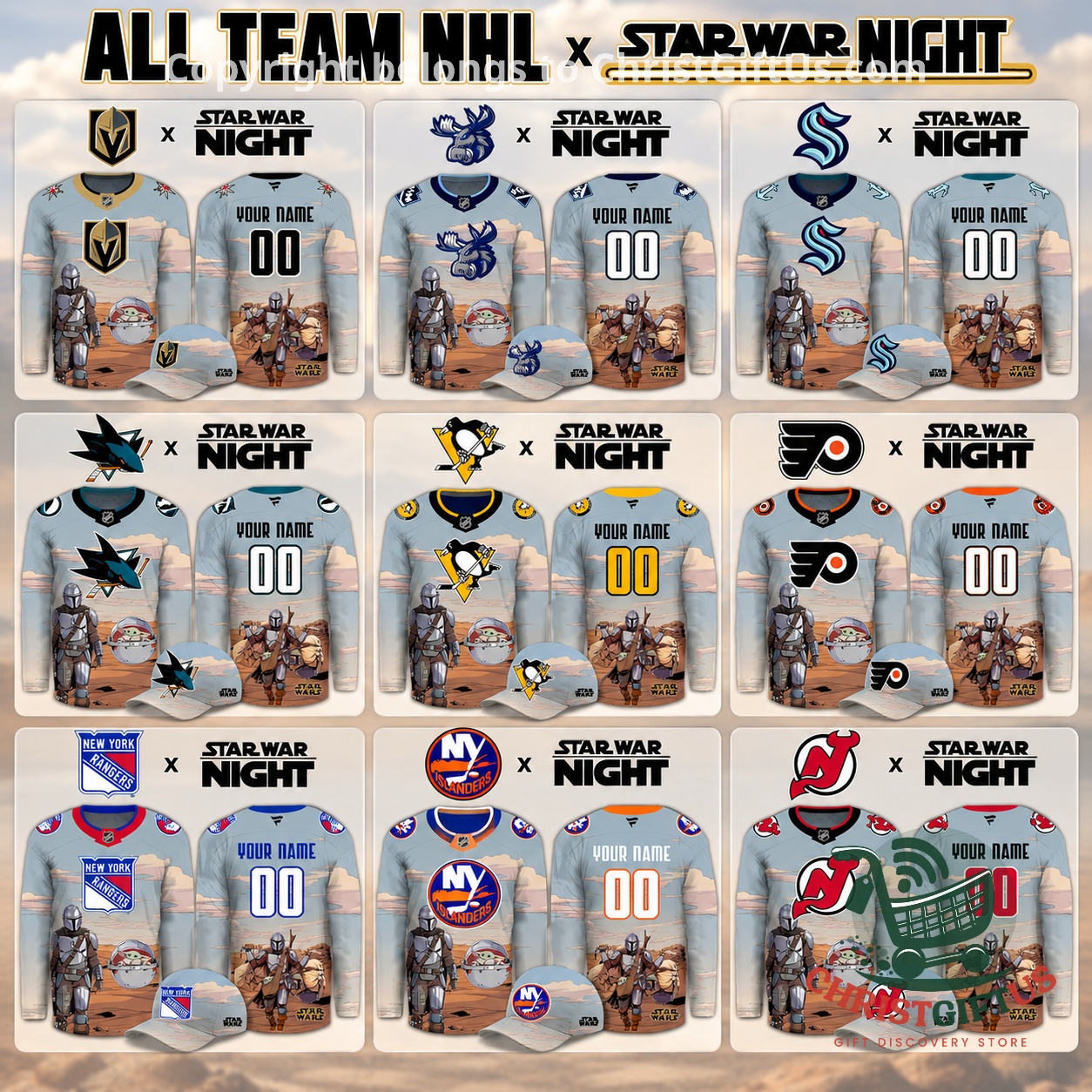 All NHL Teams x Star Wars Night 2026 Hockey Jersey - team jersey and matching cap collage