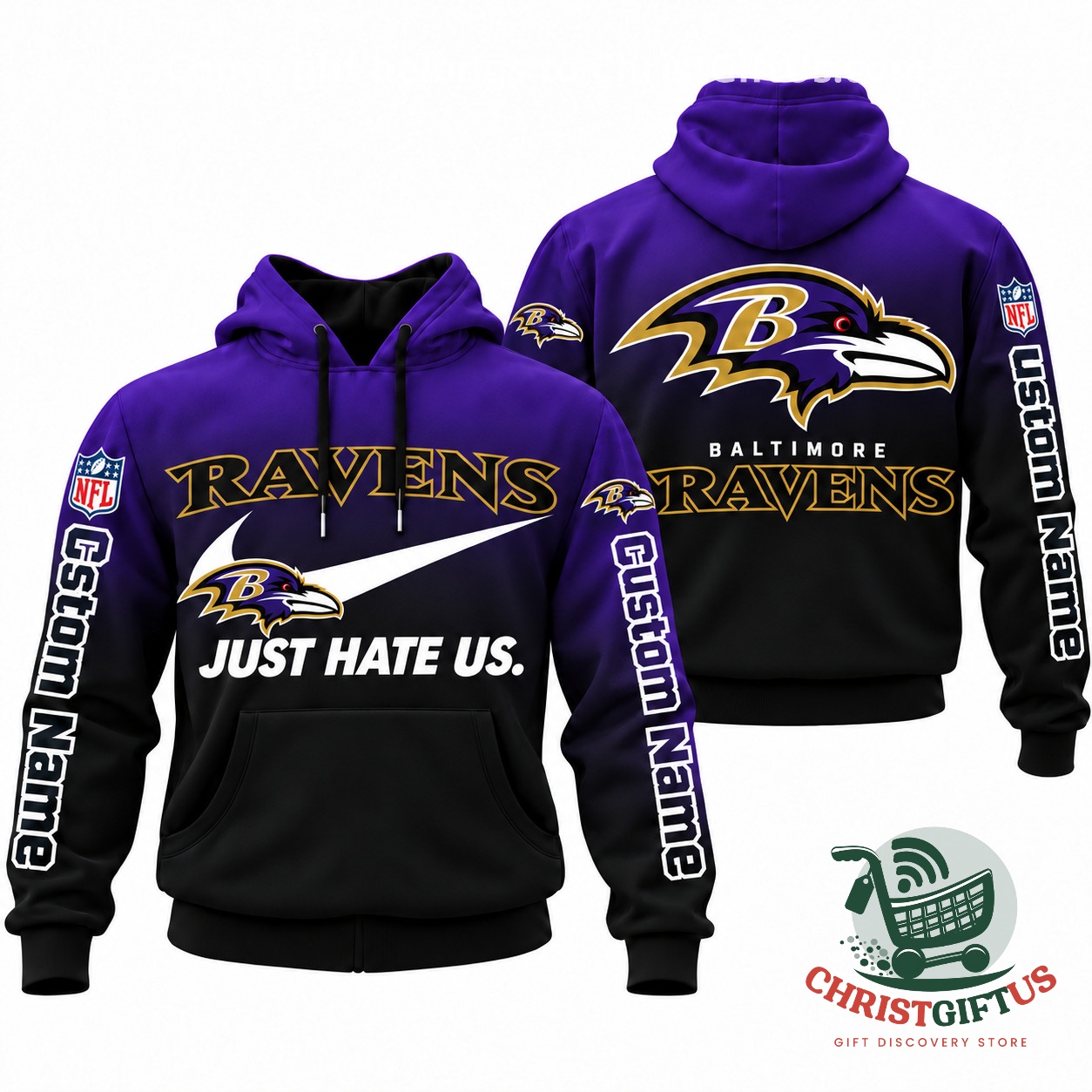 Baltimore Ravens Just Hate Us gradient hoodie, front and back