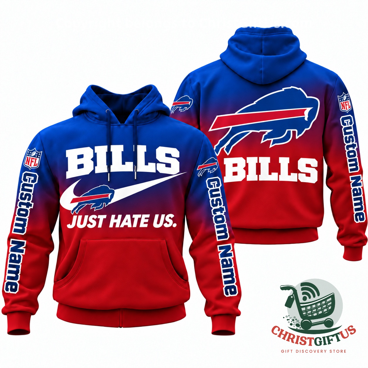 All Team NFL Just Hate Us Custom Name Gradient Hoodie – Photo 4 Buffalo Bills Just Hate Us gradient hoodie, front and back