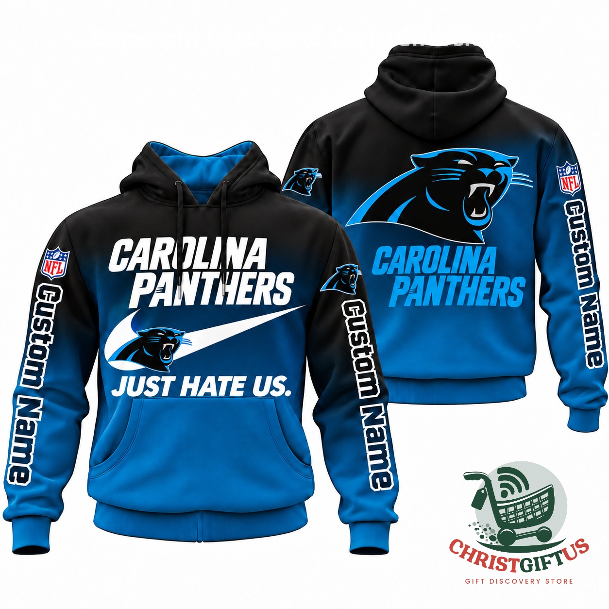 All Team NFL Just Hate Us Custom Name Gradient Hoodie – Photo 5 Carolina Panthers Just Hate Us gradient hoodie, front and back