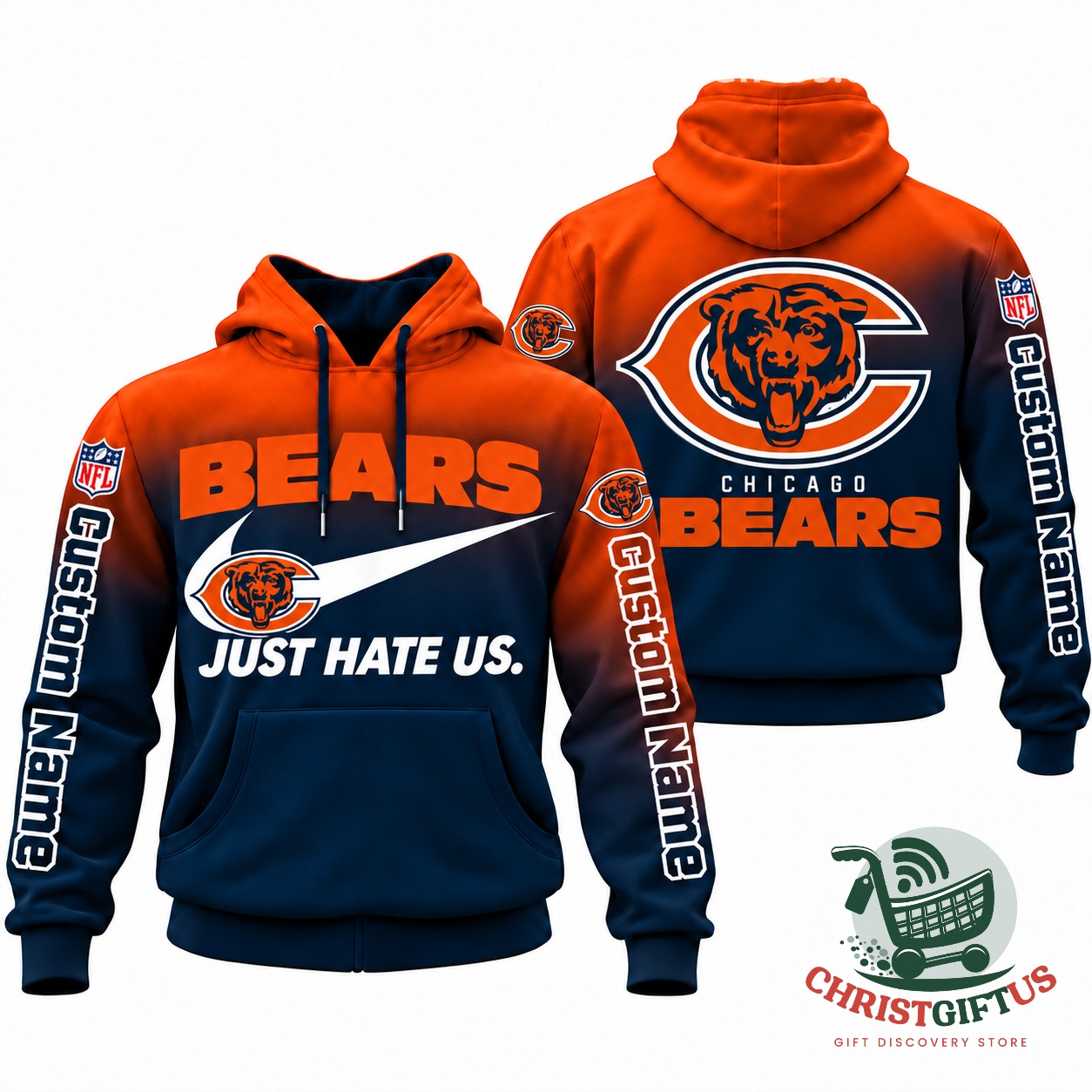 All Team NFL Just Hate Us Custom Name Gradient Hoodie – Photo 6 Chicago Bears Just Hate Us gradient hoodie, front and back