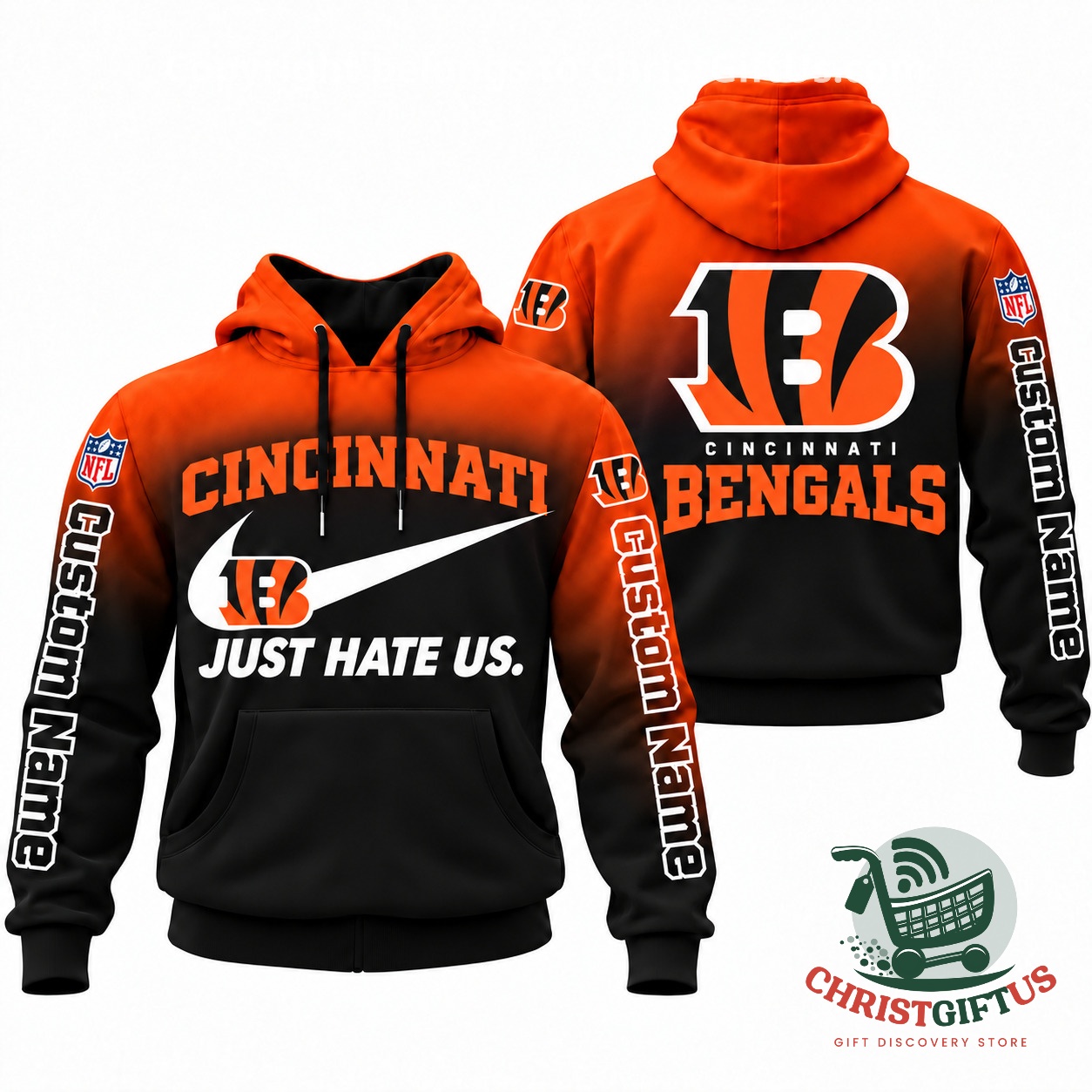All Team NFL Just Hate Us Custom Name Gradient Hoodie – Photo 7 NFL team colourway of the Just Hate Us custom name hoodie