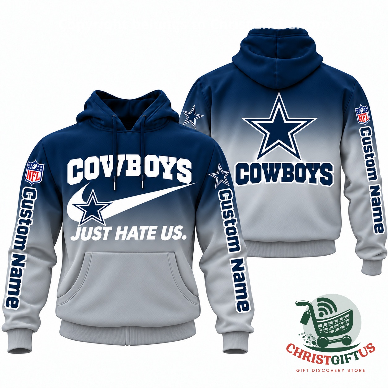 All Team NFL Just Hate Us Custom Name Gradient Hoodie – Photo 9 Just Hate Us hoodie with a custom name printed on the sleeves