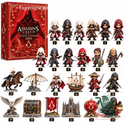 Assassin's Creed 2026 Holiday Advent Calendar - front display with numbered character figures