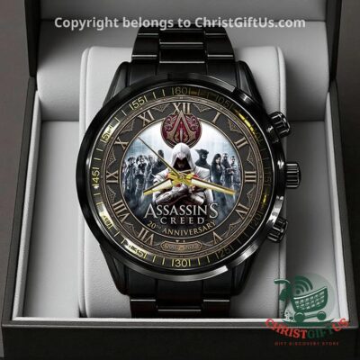 Assassin's Creed 20th Anniversary Black Stainless Steel Watch - boxed front view with detailed clock face