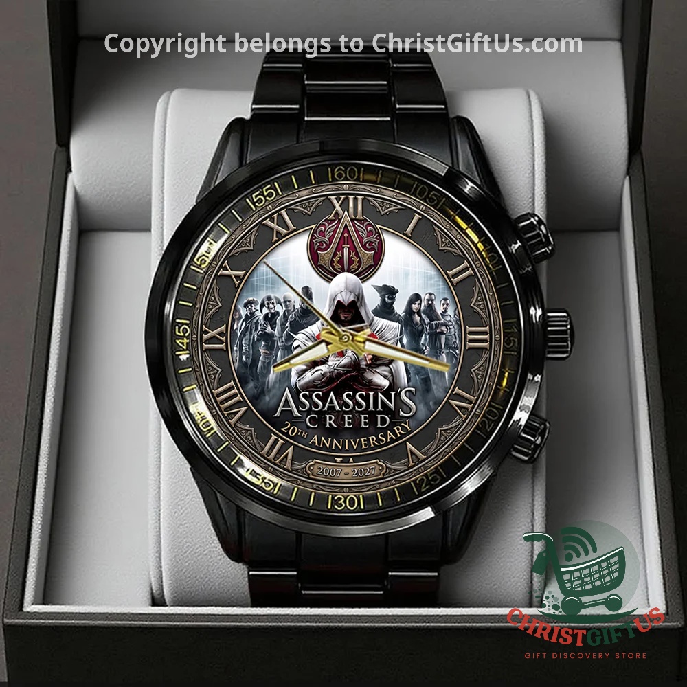 Assassin's Creed 20th Anniversary Black Stainless Steel Watch - boxed front view with detailed clock face