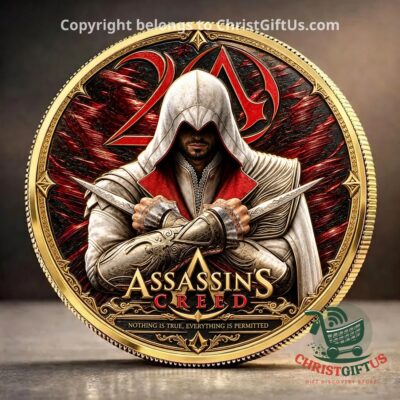 Assassin's Creed 20th Anniversary Commemorative Coin - front view with hooded character and crossed blades
