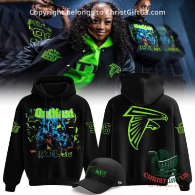 Atlanta Falcons OutKast 30th Anniversary Hoodie - front design with OutKast graphic and ATLien lettering