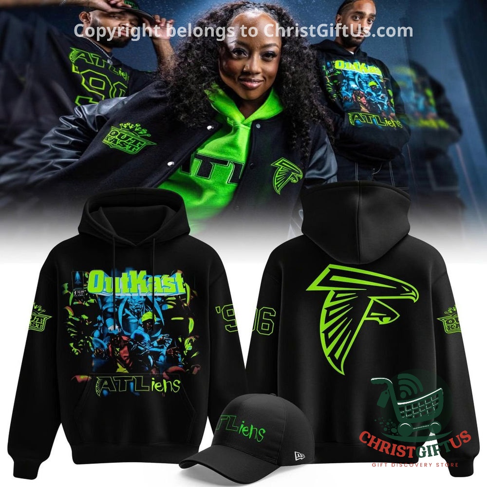 Atlanta Falcons OutKast 30th Anniversary Hoodie - front design with OutKast graphic and ATLien lettering