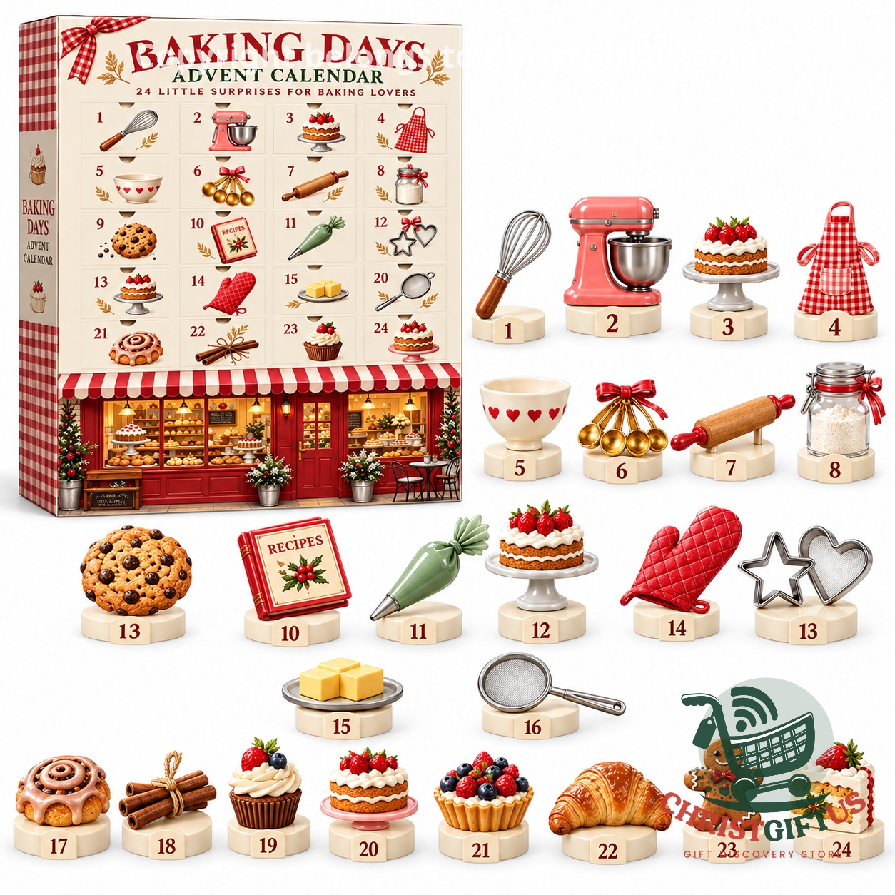 Baking Days Christmas 2026 Countdown Advent Calendar - box and illustrated baking surprises displayed together
