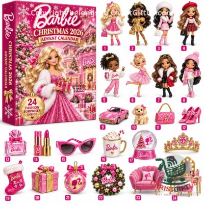 Barbie Christmas 2026 Advent Calendar - front packaging with 24 numbered fashion surprises