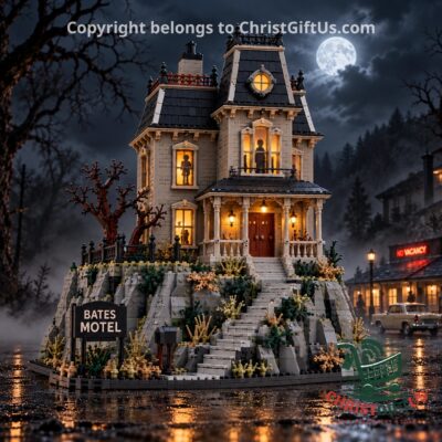 Bates Motel 1960s Classic Horror Building Set - front view with illuminated house and motel sign