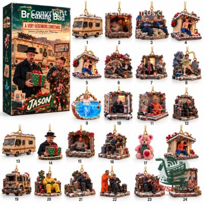Breaking Bad 2026 Christmas Advent Calendar - full box beside numbered ornament designs