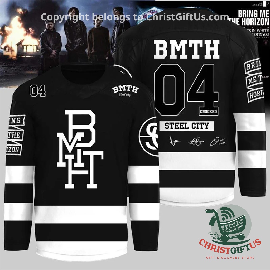 Bring Me The Horizon Steel City 2026 Hockey Jersey - front and back views with BMTH lettering and number 04