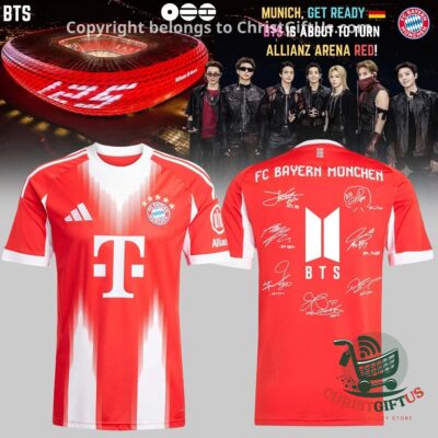 BTS FC Bayern Munich Arirang World Tour 2026 Signature Football Jersey - front and back views