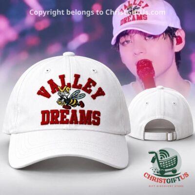 White Valley Dreams cap with red lettering and bee, front and back strap