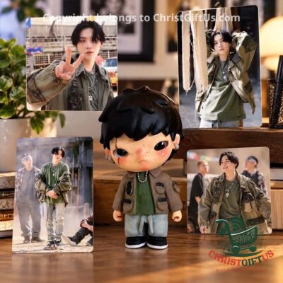 BTS SUGA Daechwita Yoongi Chibi Figure 2026 - front view with surrounding SUGA photo cards