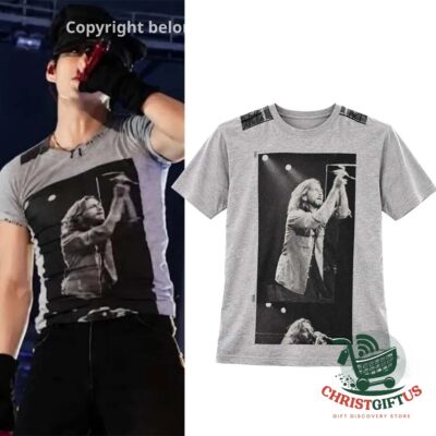 Heather grey Eddie Vedder photo T-shirt shown on stage and flat