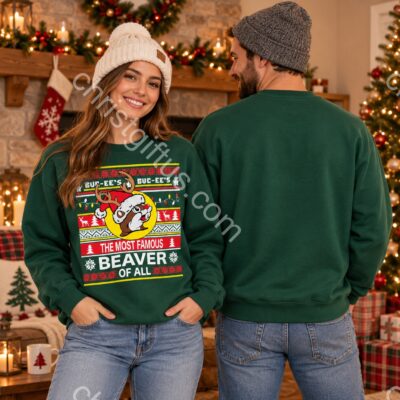 Buc-ee's Most Famous Beaver Ugly Christmas 2026 Sweatshirt - front and back views