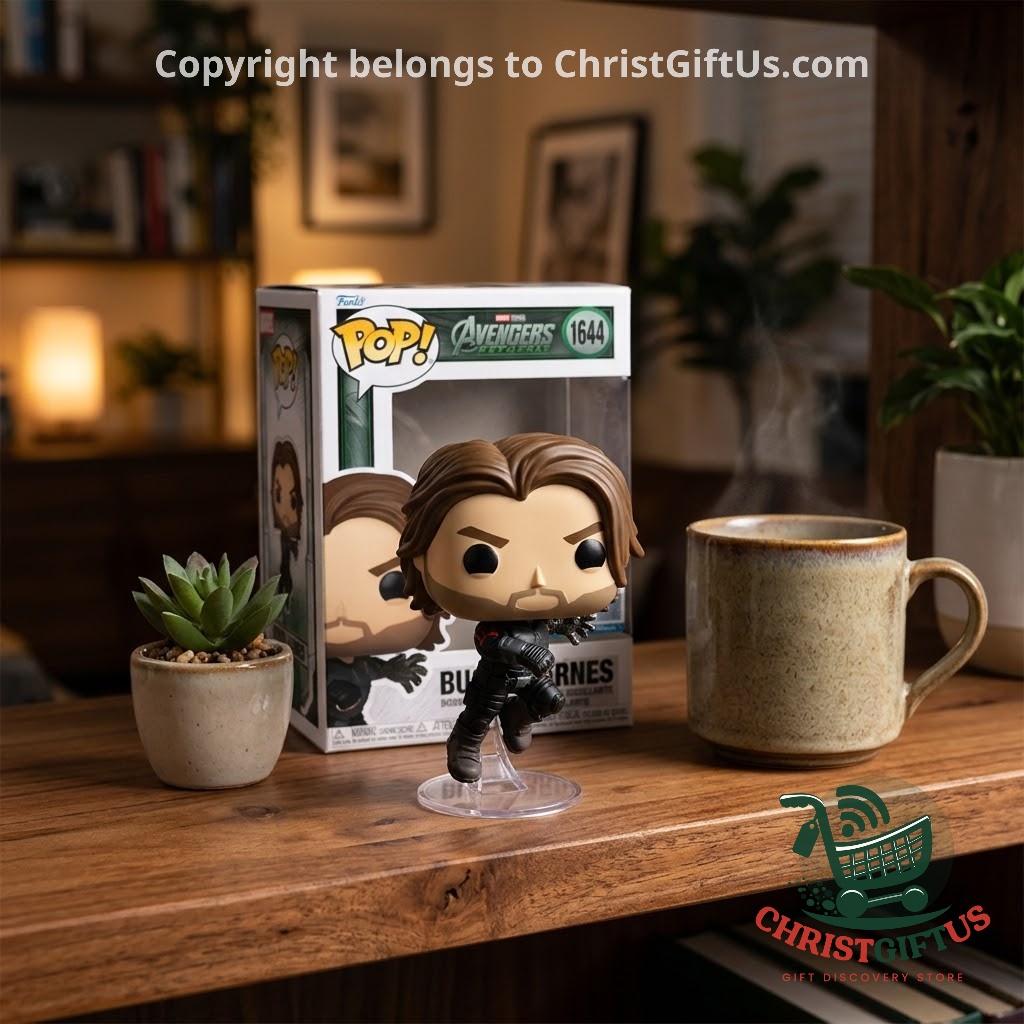 Bucky Barnes figure beside its box and a coffee mug
