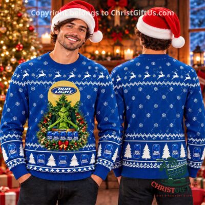 Bud Light x The Grinch Snow Beer Throne Ugly Christmas Sweater 2026 - front and back views