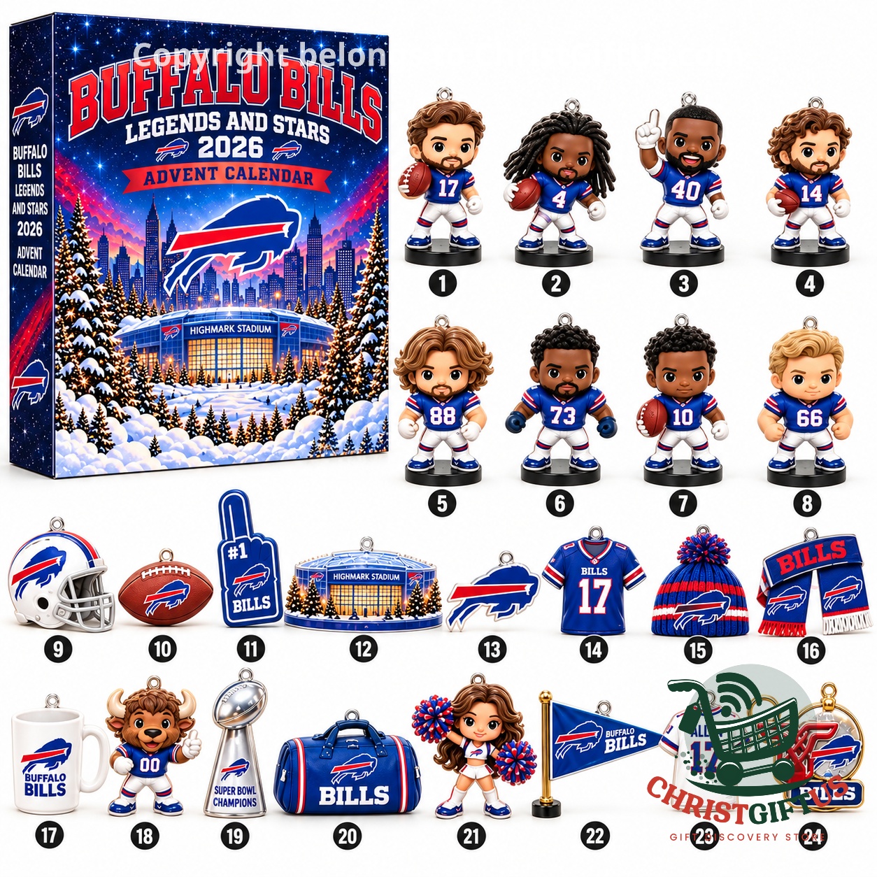 Buffalo Bills Legends and Stars 2026 Advent Calendar - box and collectible pieces displayed