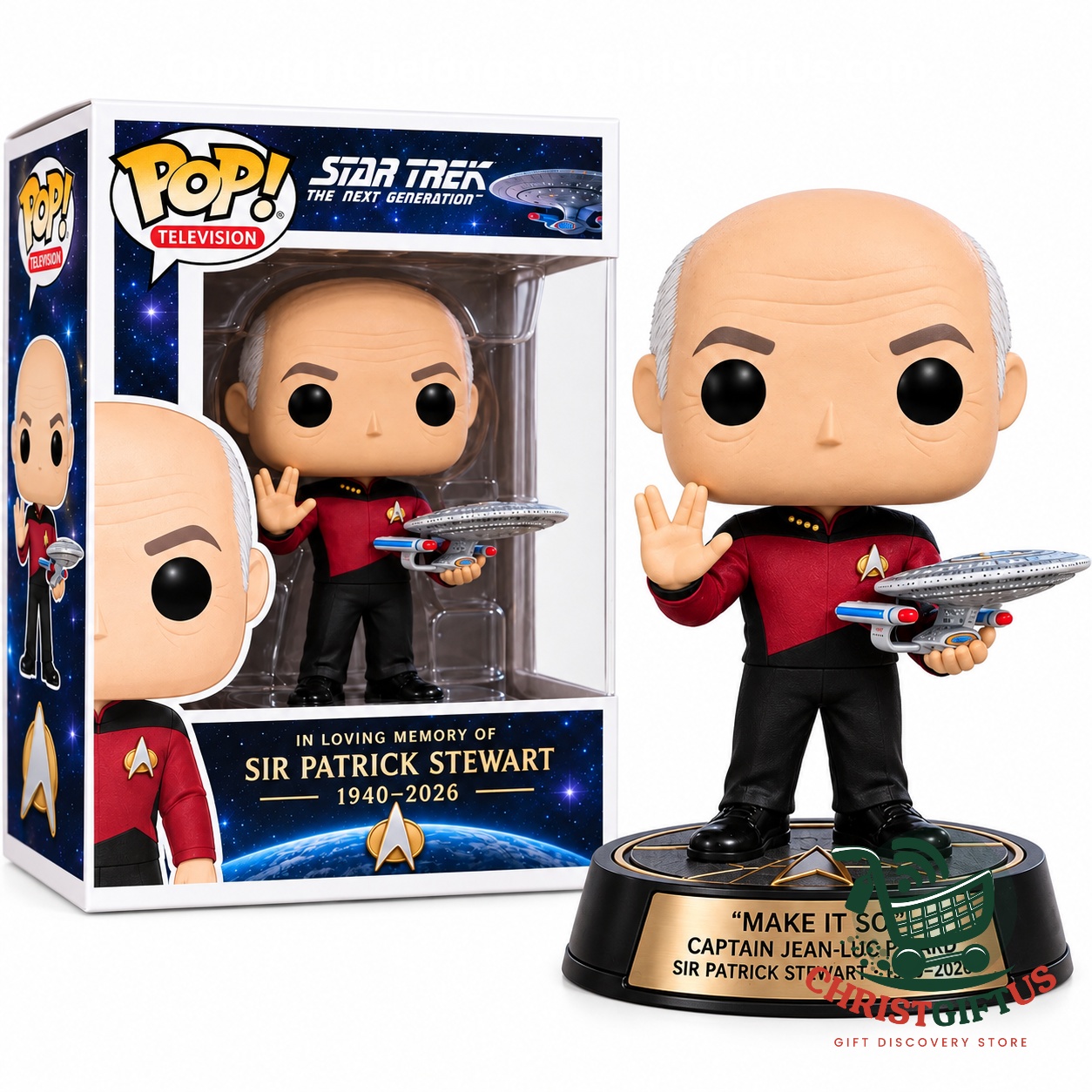 Captain Jean-Luc Picard 2026 Sir Patrick Stewart Tribute Funko Pop - front boxed view