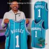 Teal Charlotte Hornets Bogues No. 1 jersey held up with front and back views